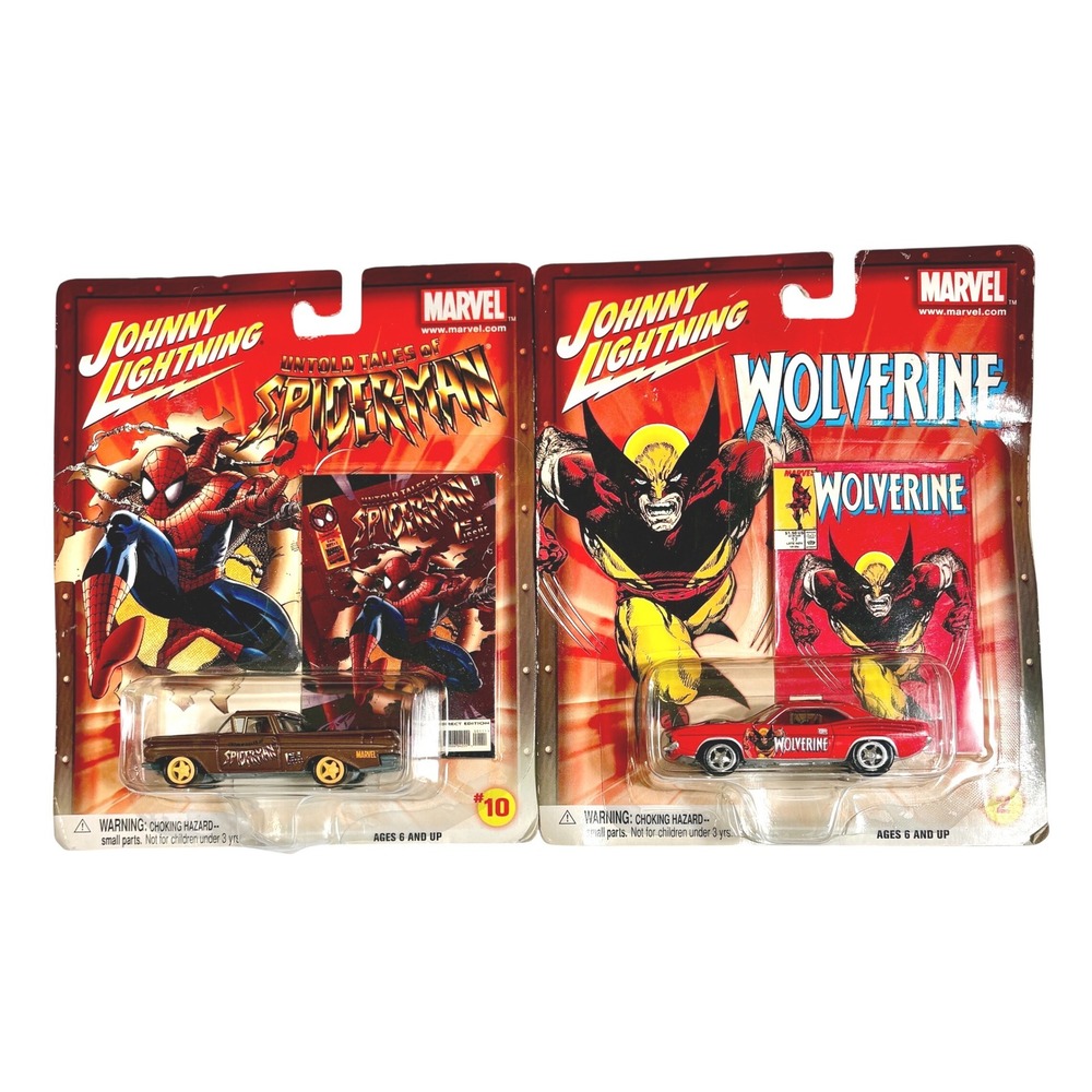 SPIDERMAN '59 El Camino & WOLVERINE '70 Hemi Cuda 2002 Johnny Lightning Die Cast